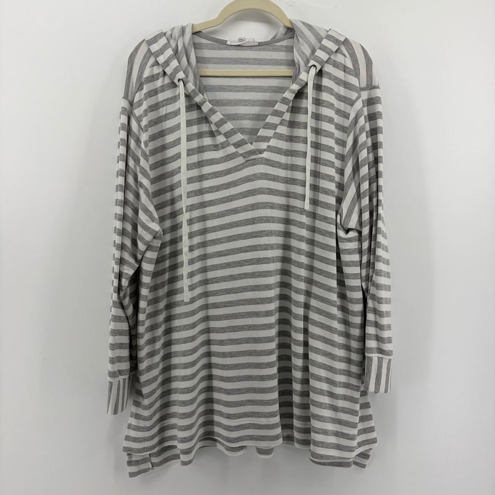 Jane + Delancey Women's‎ Gray White Stripe V Neck Hooded Tunic Top Plus Size 1X